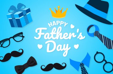 16 Haziran Babalar Günü posteri ya da kravatlı ve mavi arka planda hediye kutusu olan afiş. Pankart, pankart, kart ve poster tasarım şablonu için kullanılır. vektör illüstrasyonu.