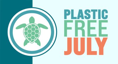 Temmuz, Kaplumbağa resimli Plastiksiz Temmuz arka plan şablonu. arka plan, pankart, pankart, kart ve poster tasarım şablonu için kullan. Temmuz 'da plastiksiz, çöpsüz bir çevre için bir ay.