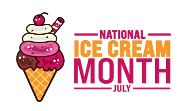Temmuz ayının Ulusal Dondurma Ayı şablonu. Tatil konsepti. arkaplan, pankart, kart ve yazı ve standart renk içeren poster tasarım şablonu için kullan. vektör