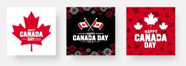 1 Temmuz Mutlu Kanada Günü sosyal medya afişi veya arkaplan tasarım şablonu setidir. Kanada bayraklı akçaağaç yaprağı. Kanada 'nın bağımsızlık gününü kutluyoruz.