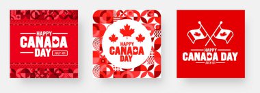 1 Temmuz Mutlu Kanada Günü sosyal medya afişi veya arkaplan tasarım şablonu setidir. Kanada bayraklı akçaağaç yaprağı. Kanada 'nın bağımsızlık gününü kutluyoruz.