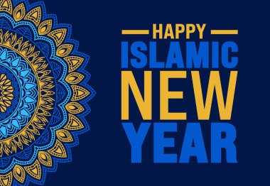 İslam Yeni Yıl mandala arka plan şablonu. Tatil konsepti. Metin yazma ve standart renk içeren bir arkaplan, pankart, kart ve poster tasarım şablonu kullanın. vektör illüstrasyonu.