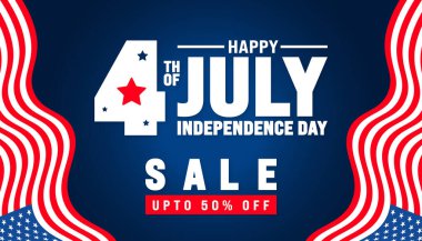 4 Temmuz Bağımsızlık Gününüz kutlu olsun. Satış afişi, arkaplan ya da afiş tasarımı şablonu. Amerika Birleşik Devletleri Bağımsızlık Günü reklam afişlerinde% 50 'ye varan indirimli kutlama şablonu.