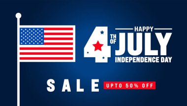 4 Temmuz Bağımsızlık Gününüz kutlu olsun. Satış afişi, arkaplan ya da afiş tasarımı şablonu. Amerika Birleşik Devletleri Bağımsızlık Günü reklam afişlerinde% 50 'ye varan indirimli kutlama şablonu.