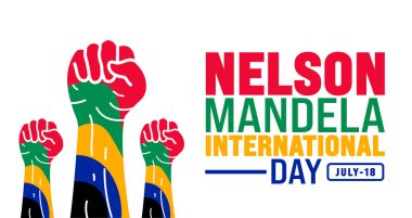 18 Temmuz, Nelson Mandela Uluslararası Günü güçlü el arka plan şablonu. Pankart, pankart, kart ve yazı yazma ve standart renk ile poster tasarım şablonu için kullanın. vektör