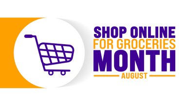 Market Çevrimiçi Bakkal Ayı her yıl Ağustos ayında gözlemlenir. Tatil konsepti. Arkaplan, pankart, poster, pankart, tasarım şablonu için şablon standart renk ile benzersiz şekiller.