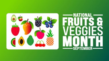 Ulusal Meyve ve Sebze Ayı her yıl eylülde kutlanır. Tatil konsepti. Arkaplan, pankart, poster, pankart, tasarım şablonu için şablon standart renk ile benzersiz şekiller.