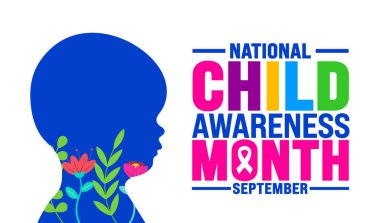 Ulusal Çocuk Farkındalığı Ayı her yıl eylülde gözlemlenir. Tatil konsepti. Arkaplan, pankart, poster, pankart, tasarım şablonu için şablon standart renk ile benzersiz şekiller.