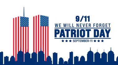 11 Eylül Vatanseverlik Günü arka planı ya da Amerikan bayrağı ve New York şehrinin pankart tasarımı. 911 hatırası. tatil konsepti. 911 Vatanseverlik Günü Mesajlaşmayı asla unutmayacağız.