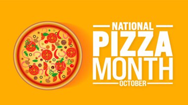 Ulusal Pizza Ayı arka planı veya afiş tasarım şablonu her yıl ekim ayında gözlemlenir. Tatil konsepti. Kart, poster, pankart, şablon için şablon. 10 saniye.