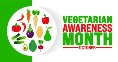 Vejetaryen Farkındalık Ayı arka planı veya afiş tasarım şablonu her yıl ekim ayında gözlemlenir. Tatil konsepti. Kart, poster, pankart, şablon için şablon. 10 saniye.
