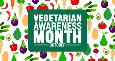 Vejetaryen Farkındalık Ayı arka planı veya afiş tasarım şablonu her yıl ekim ayında gözlemlenir. Tatil konsepti. Kart, poster, pankart, şablon için şablon. 10 saniye.
