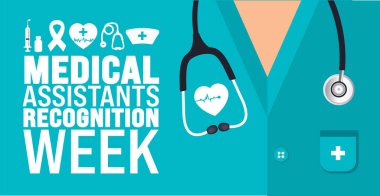 Tıbbi Asistanlar Tanıma Haftası arka planı veya afiş tasarım şablonu her yıl ekim ayında gözlemlenir. Tatil konsepti. Kart, poster, pankart, şablon için şablon. 10 saniye.