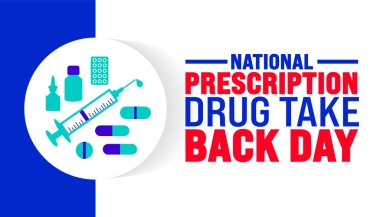 Ulusal Reçeteli İlaç Günü arka planı veya afiş tasarım şablonu her yıl ekim ayında gözlemlenmektedir. Tatil konsepti. Kart, poster, pankart, şablon için şablon. 10 saniye.