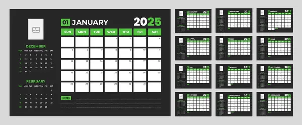 şirket aylık sayfaları koyu renk planlayıcı takvim şablonları 2025 set. Duvar ya da masa basit 2025 Planlayıcı Takvim paketi. Pazar günü başlıyor. 12 aylık set 2025 Wall çeyrek takvimi.