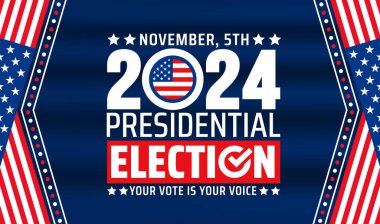 ABD 2024 Başkanlık Seçimleri arka planı ya da Amerikan bayrağıyla pankart tasarımı. Seçim etkinliği afişini, kartını, posterini, geçmişini kullan. ABD Oy ya da Seçim 2024. Siyasi seçim kampanyası afişi.