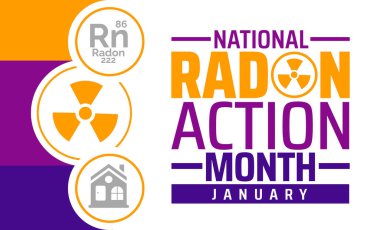 Ulusal Radon Eylem Ayı arka planı, afiş veya poster tasarım şablonu. Ocak 'ta her yıl gözlemlenir. Tatil konsepti. Herhangi bir şablon, kart, poster, pankart, şablon kullan.