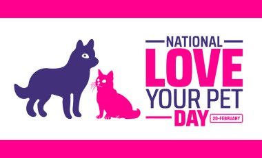 Ulusal Evcil Hayvanlar Günü afişini ya da poster tasarım şablonunu sevin. Şubat 'ta her yıl gözlemlenir. Tatil konsepti. Herhangi bir şablon, kart, poster, pankart, şablon kullan.