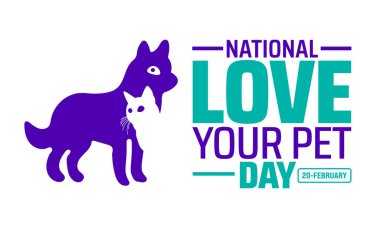 Ulusal Evcil Hayvanlar Günü afişini ya da poster tasarım şablonunu sevin. Şubat 'ta her yıl gözlemlenir. Tatil konsepti. Herhangi bir şablon, kart, poster, pankart, şablon kullan.