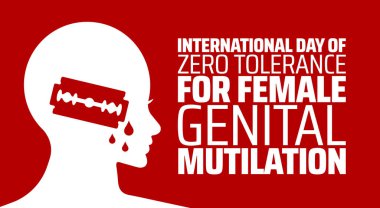 Uluslararası Kadın Genital Sakatlama İçin Sıfır Hoşgörü Günü afişi ya da poster tasarımı şablonu. Şubat 'ta her yıl gözlemlenir. Tatil konsepti. Herhangi bir şablon, kart, poster kullan.