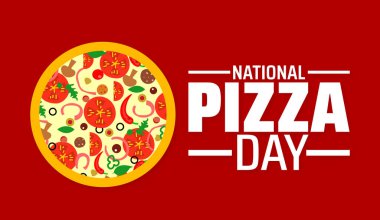 Ulusal Pizza Günü afişi ya da poster tasarımı şablonu. Şubat 'ta her yıl gözlemlenir. Tatil konsepti. Herhangi bir şablon, kart, poster, pankart, şablon kullan.