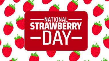 Ulusal Çilek Günü afişi veya poster tasarımı şablonu. Şubat 'ta her yıl gözlemlenir. Tatil konsepti. Herhangi bir şablon, kart, poster, pankart, şablon kullan.