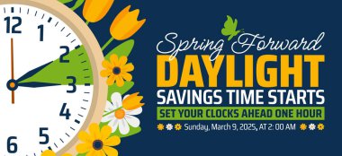 Çiçek ve saat tasarımlı Spring Forward 2025 afişi. Gün Işığı Tasarruf Zamanı, çizgi film karalama stili ve komik saat çiçeğiyle başlar. 09 Mart 2025 'te saat değiştirme programı