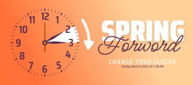 Spring Forward konsepti 2025 arkaplan ya da afiş tasarımı. Gün Işığı Tasarruf Zamanı saat tasarımı ile arkaplan ve çizgi film karalama stilini başlatır.