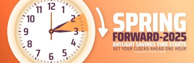 Spring Forward konsepti 2025 arkaplan ya da afiş tasarımı. Gün Işığı Tasarruf Zamanı saat tasarımı ile arkaplan ve çizgi film karalama stilini başlatır.