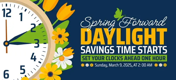 Çiçek ve saat tasarımlı Spring Forward 2025 afişi. Gün Işığı Tasarruf Zamanı, çizgi film karalama stili ve komik saat çiçeğiyle başlar. 09 Mart 2025 'te saat değiştirme programı