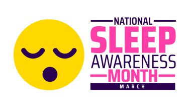 Ulusal Uyku Farkındalığı Ayı afişi veya poster tasarımı şablonu. Mart 'ta her yıl gözlemlenir. Tatil konsepti. Herhangi bir şablon, kart, poster, pankart, şablon kullan.