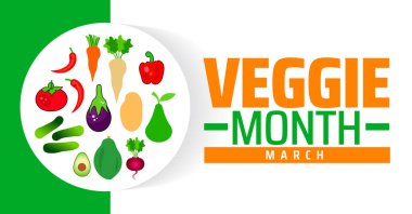 Sebze Ayı arkaplan afişi veya poster tasarımı şablonu. Mart 'ta her yıl gözlemlenir. Tatil konsepti. Herhangi bir şablon, kart, poster, pankart, şablon kullan.