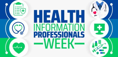 Sağlık Bilgileri Profesyonelleri Haftası afişi veya poster tasarımı şablonu. Mart 'ta her yıl gözlemlenir. Tatil konsepti. Herhangi bir şablon, kart, poster, pankart, şablon kullan.