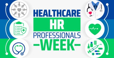 Sağlık ve İnsan Kaynakları Profesyonelleri Haftası arka plan afişi ya da poster tasarım şablonu. Mart 'ta her yıl gözlemlenir. Tatil konsepti. Herhangi bir şablon, kart, poster, pankart, şablon kullan.