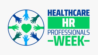 Sağlık ve İnsan Kaynakları Profesyonelleri Haftası arka plan afişi ya da poster tasarım şablonu. Mart 'ta her yıl gözlemlenir. Tatil konsepti. Herhangi bir şablon, kart, poster, pankart, şablon kullan.
