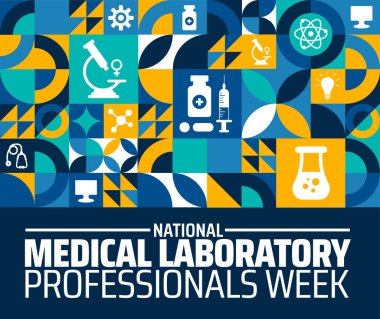Ulusal Tıp Laboratuvarı Profesyonelleri Haftası arka plan afişi veya poster tasarım şablonu. Mart 'ta her yıl gözlemlenir. Tatil konsepti. Herhangi bir şablon, kart, poster, pankart, şablon kullan.