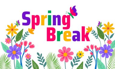 Spring Break arkaplan pankartı veya poster tasarım şablonu. Nisan 'da her yıl gözlemlenir. Tatil konsepti. Herhangi bir şablon, kart, poster, pankart, şablon kullan.