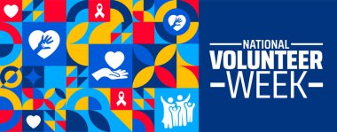 Ulusal Gönüllü Haftası geometrik şekilli arka plan pankartı veya poster tasarım şablonu. Nisan 'da her yıl gözlemlenir. Tatil konsepti. Herhangi bir şablon, kart, poster, pankart, şablon kullan.