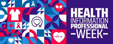 Sağlık bilgisi profesyonel hafta geometrik şekil arka plan afişi veya poster tasarım şablonu. Nisan 'da her yıl gözlemlenir. Tatil konsepti. Herhangi bir şablon, kart, poster, pankart kullan.