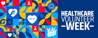 Sağlık hizmetleri gönüllüsü haftası geometrik şekilli arka plan afişi veya poster tasarım şablonu. Nisan 'da her yıl gözlemlenir. Tatil konsepti. Herhangi bir şablon, kart, poster, pankart, şablon kullan.