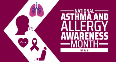 Ulusal Astım ve Alerji Farkındalığı Ay arkaplan afişi veya poster tasarım şablonu. Her yıl mayıs ayında gözlemlenir. Tatil konsepti. Herhangi bir şablon, kart, poster, pankart, şablon kullan.