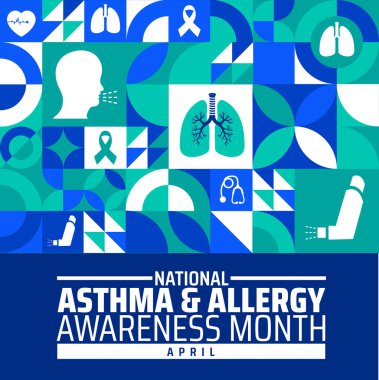 Ulusal Astım ve Alerji Bilinci Ay geometrik şekil arka plan afişi veya poster tasarım şablonu. Her yıl mayıs ayında gözlemlenir. Tatil konsepti. Herhangi bir şablon, kart, poster, pankart kullan