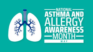 Ulusal Astım ve Alerji Farkındalığı Ay arkaplan afişi veya poster tasarım şablonu. Her yıl mayıs ayında gözlemlenir. Tatil konsepti. Herhangi bir şablon, kart, poster, pankart, şablon kullan.
