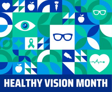 Sağlıklı Görüş Ayı Geometrik şekilli arka plan pankartı veya poster tasarım şablonu. Her yıl mayıs ayında gözlemlenir. Tatil konsepti. Herhangi bir şablon, kart, poster, pankart, şablon kullan.