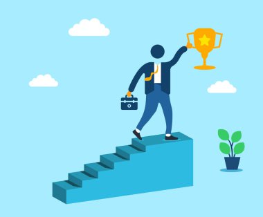 İşadamı Merdivenlerin Üstündeki Kupaya Erişiyor. Merdivenlerin başında altın bir kupa için uzanan bir iş adamının kavramsal çizimi. Zafer kavramına ulaşılıyor.