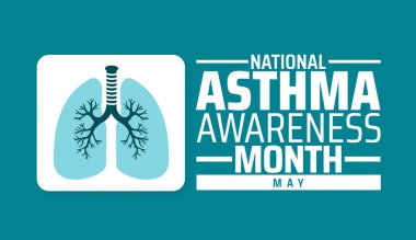 Astım Bilinci Ay arkaplan pankartı veya poster tasarım şablonu. Her yıl mayıs ayında gözlemlenir. Tatil konsepti. Herhangi bir şablon, kart, poster, pankart, şablon kullan.