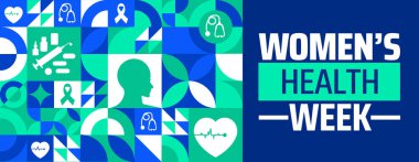 Ulusal Kadın Sağlığı Haftası Geometrik şekilli arka plan afişi veya poster tasarımı şablonu. Her yıl mayıs ayında gözlemlenir. Tatil konsepti. Herhangi bir şablon, kart, poster, pankart, şablon kullan.