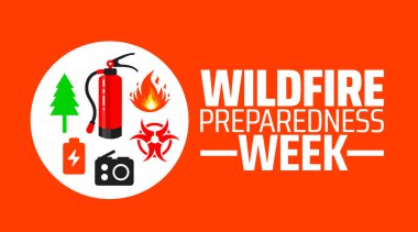 Wildfire Hazırlık Haftası arka plan afişi veya poster tasarımı şablonu. Her yıl mayıs ayında gözlemlenir. Tatil konsepti. Herhangi bir şablon, kart, poster, pankart, şablon kullan.