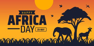 Mutlu Afrika Günü arkaplanı, afiş ya da poster tasarımı şablonu. 25 Mayıs 'ta birlik ve kültürü kutlayın. Afrika vahşi yaşamını filler ve zürafalar gibi savana güneşinin altında sergiliyor. Afrika Günü tasarımı.