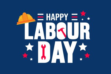 Mutlu İşçi Bayramı arkaplanı, afiş ya da poster tasarımı şablonu. 1 Mayıs 'ta gözlemlendi. İşçilerin katkılarını onurlandırıyor. Bu parlak vektörde endüstriyel semboller var. Sıkı çalışmanın farkına vardık..